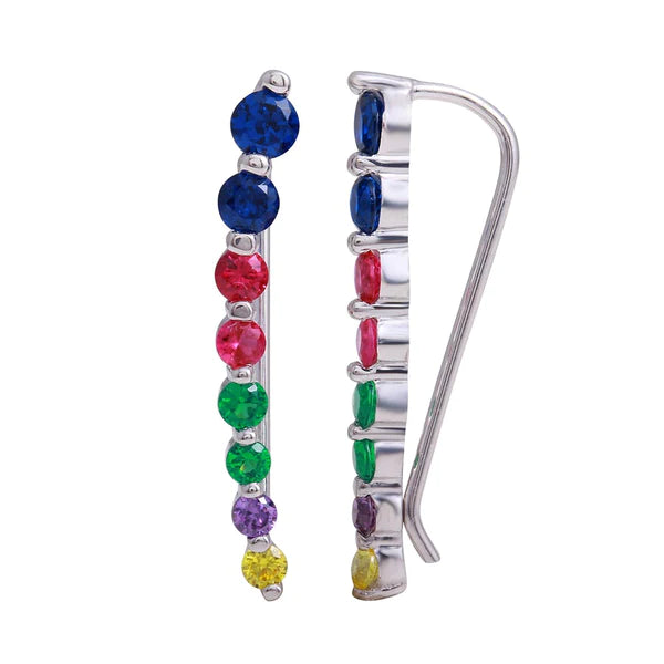 Colorful Hoop Earrings-Sterling Silver 925 Rhodium Plated Round Multi-Colored CZ Stone Climbing Earrings