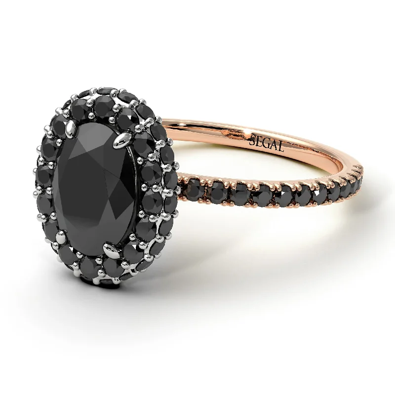 Elegant Round Diamond Ring-Two Tones Oval Black Diamond Halo Hidden Diamonds Ring - Amy No. 81