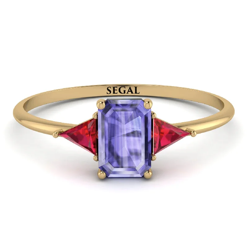 Engagement Ring with Sapphire-Emerald Cut Tanzanite With Triangles Ring - Remi No. 210