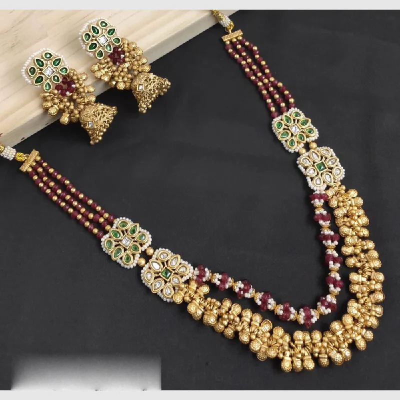 Diamond Solitaire Necklace-SNERA Gold Plated Pota Stone And Beads Long Necklace Set