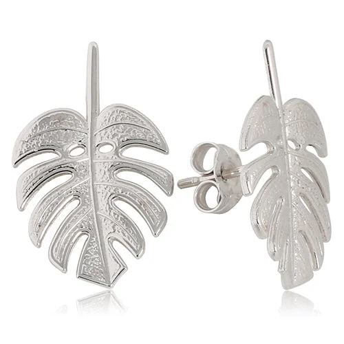 Lightweight Dangle Earrings-14K White Gold Monstera Leaf Post Earrings