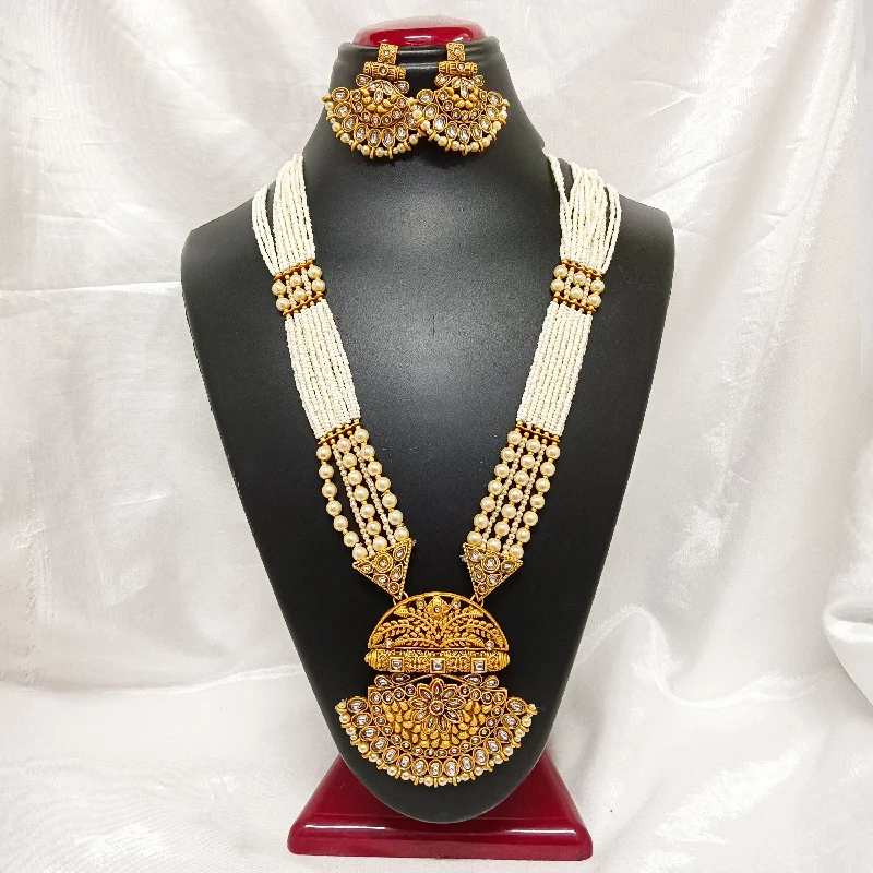 Vintage Pearl and Gold Necklace-Darshana Jewels Gold Plated Kundan Stone And Pearls Long Necklace Set