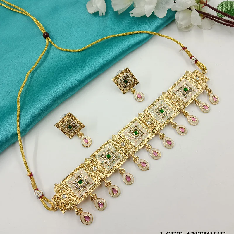 Gold Necklace with Gemstones-SP Jewellery Gold Plated Pota Stone Meenakari Choker Necklace Set