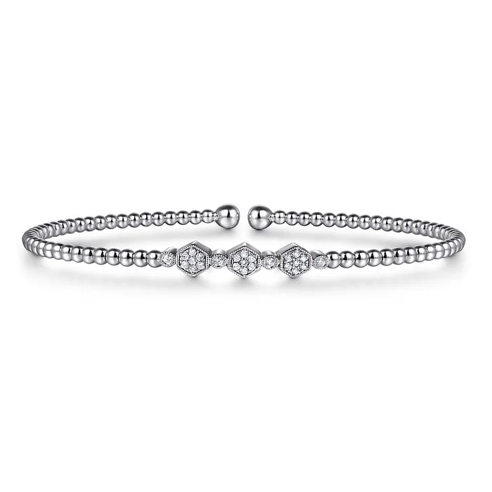 Kundan Bangles Set-14K White Gold Bujukan Bead and Hexagon Cluster Diamond Bangle