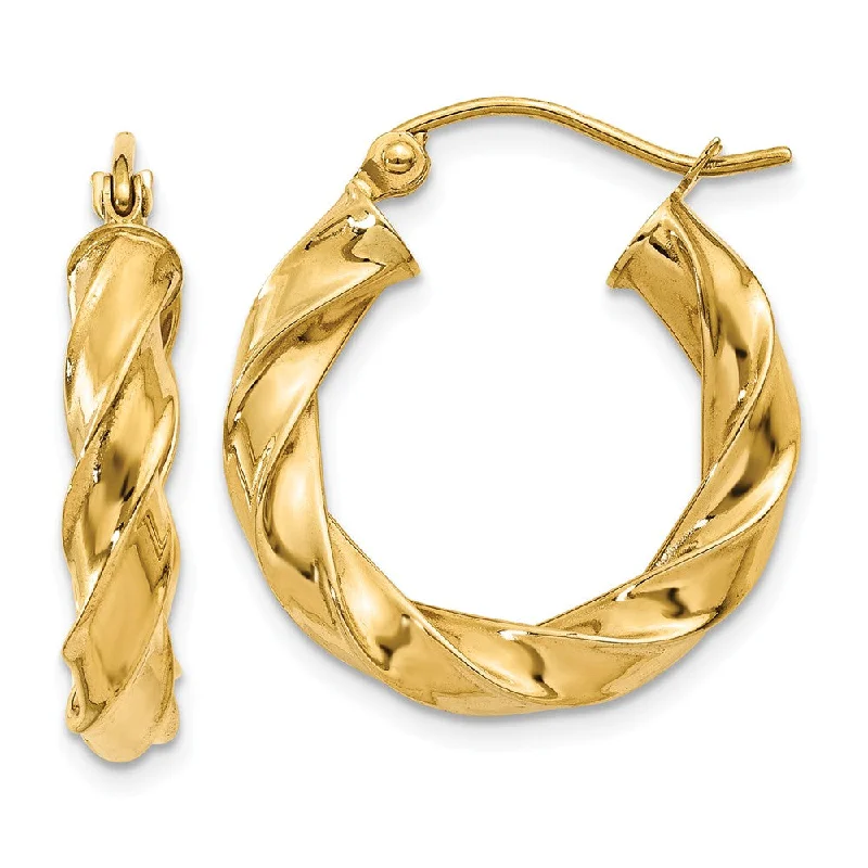 Fashionable Hoop Earrings-4mm x 21mm Polished 14k Yellow Gold Hollow Twisted Round Hoop Earrings