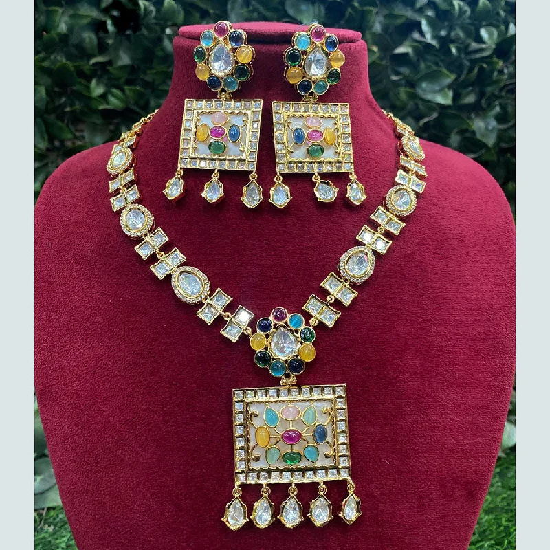 Heart Shaped Silver Necklace-Royal Kundan Jewellery Gold Plated Polki Kundan Stone Necklace Set