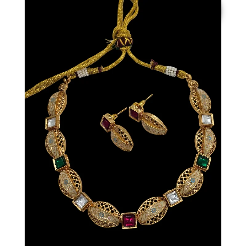 Vintage Gemstone Necklace-Nakoda Jewels Brass Copper Gold Plated Pota Stone Necklace Set