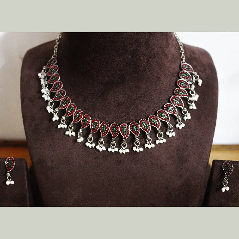 Diamond Solitaire Necklace-H K Fashion Oxidised Plated Austrian Stone Pearls Necklace Set