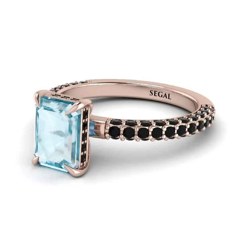 Trendy Silver Ring-Hidden Halo Emerald Cut Aquamarine Engagement Ring - Ximena No. 408