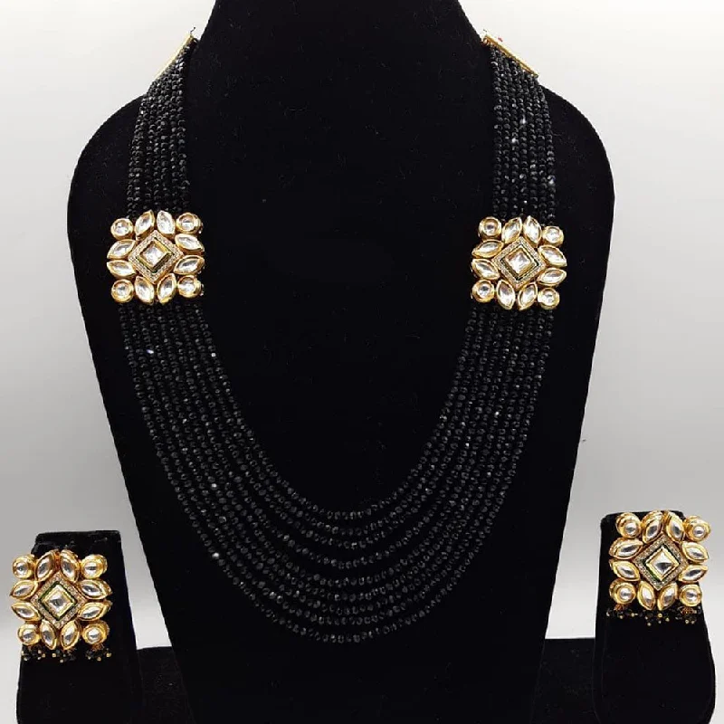 Unique Designer Necklace-Shagna Gold Plated Kundan Stone And Pearls Multi Layer Long Necklace Set