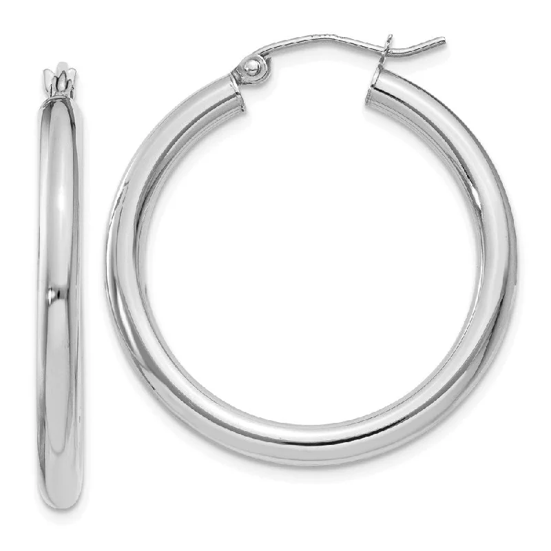 Classic Diamond Earrings-3mm, 14k White Gold Classic Round Hoop Earrings, 30mm (1 1/8 Inch)