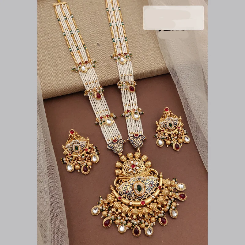 Simple Chain Necklace-Akruti Collection Gold Plated Kundan Stone And Pearls Meenakari Long Necklace Set