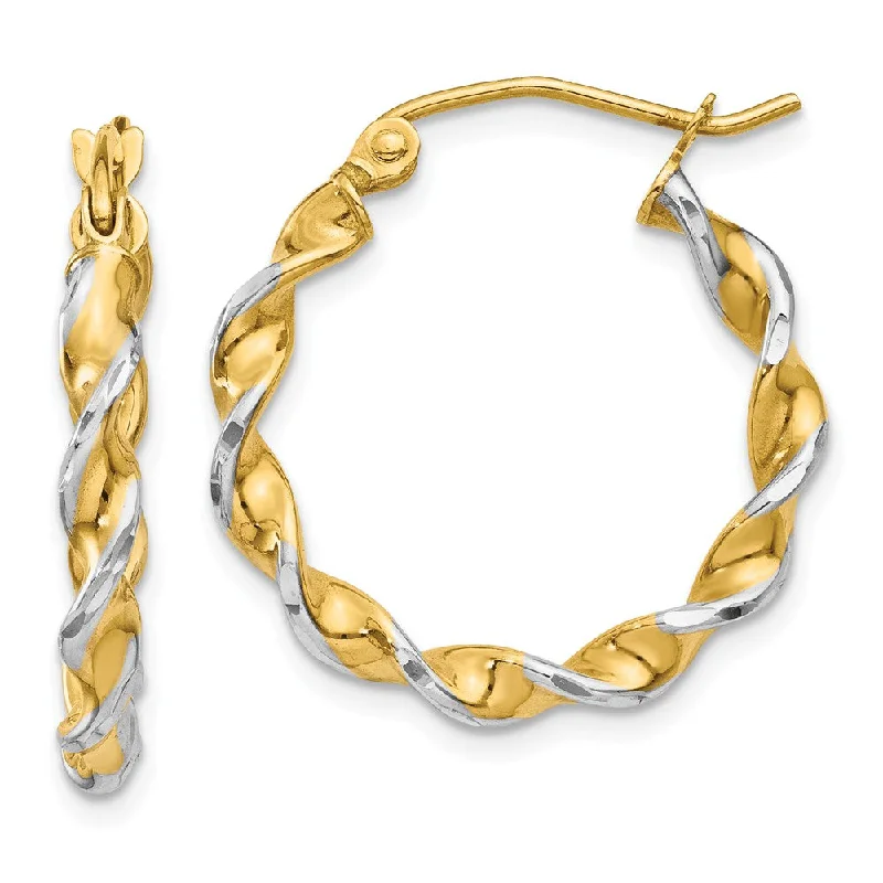 Handmade Earrings-2.75mm, Two-tone Twisted Hoops in 14k Yellow Gold and Rhodium, 20mm