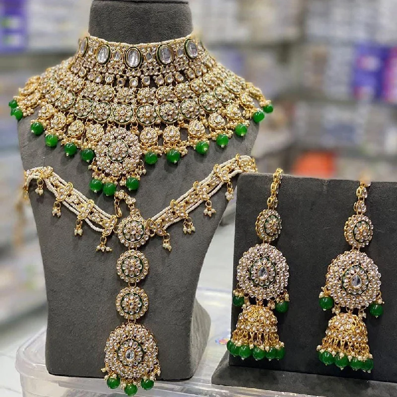 Double Pendant Necklace-India Art Gold Plated  Kundan Stone And Beads Meenakari Choker Necklace Set