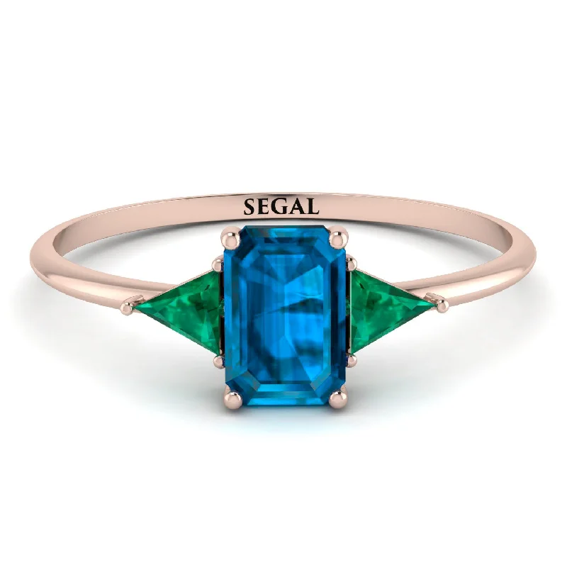 Women's Diamond Ring-Emerald Cut Blue Topaz With Triangles Ring - Remi No. 505