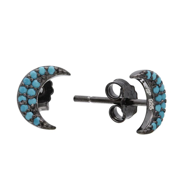 Pink Gold Earrings-Silver 925 Black Rhodium Plated Half Moon Turquoise Stone Earrings