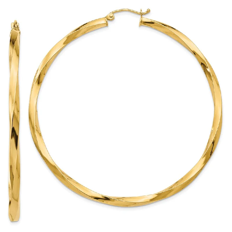 Long Statement Earrings-3 x 60mm Polished 14k Yellow Gold X-Large Twisted Round Hoop Earrings