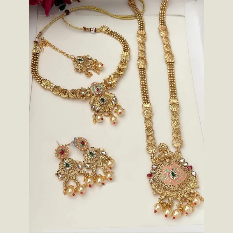 Gemstone Cluster Necklace-FS Collection Gold Plated Pota Stone And Pearls Double Necklace Set