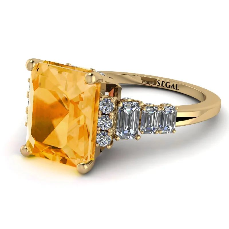 Large Statement Ring-Emerald Cut Citrine Ring Hidden Round Diamonds - Sawyer No. 601