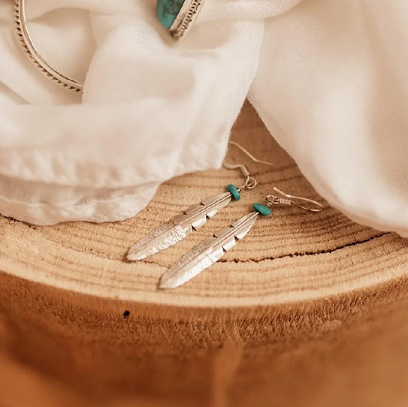 Classic Stud Earrings-Navajo Feather Turquoise Earrings - Sterling Silver