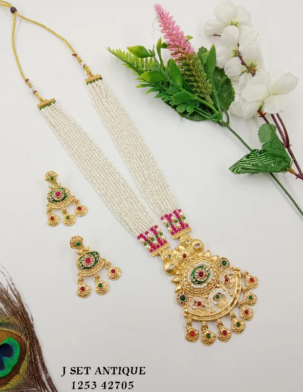 Unique Charm Necklace-SP Jewellery Gold Plated Pota Stone And Pearls Meenakari Long Necklace Set