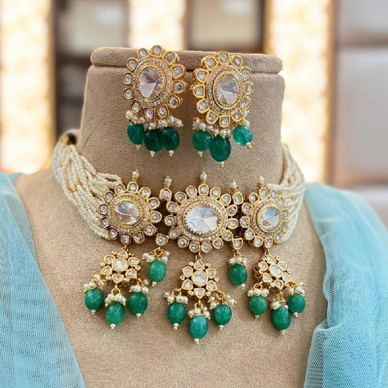 Vintage Gemstone Necklace-Jewel Addiction Copper Gold Plated Polki Kundan Stone Beads Choker Necklace Set