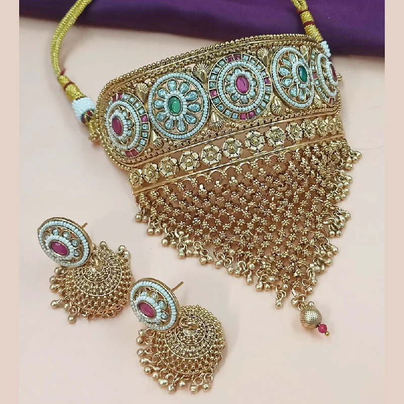 Gold Bangle Necklace-NAFJ Gold Plated Pota Stone And Beads Choker Necklace Set