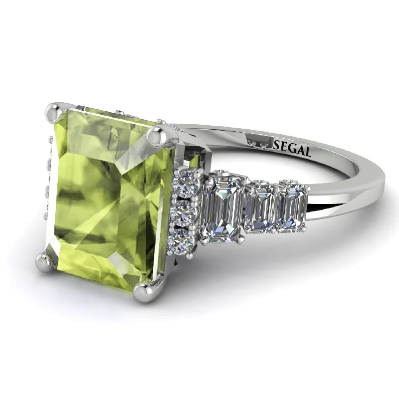 Classic Gold Ring-Emerald Cut Peridot Ring Hidden Round Diamonds - Sawyer No. 703