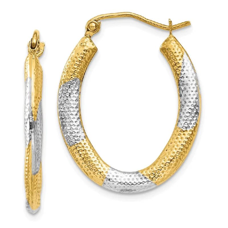 Crystal Hoop Earrings-Textured Hollow Oval Hoops in 14k Yellow Gold and Rhodium