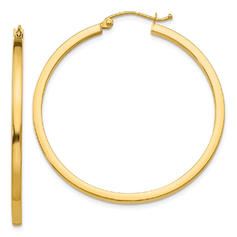 Vintage Gold Earrings-2mm, 14k Yellow Gold Square Tube Round Hoop Earrings, 40mm (1 1/2 In)