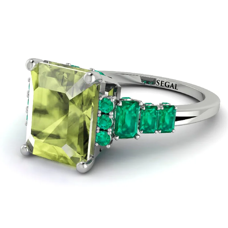 Unique Statement Ring-Emerald Cut Peridot Ring Hidden Round Diamonds - Sawyer No. 706