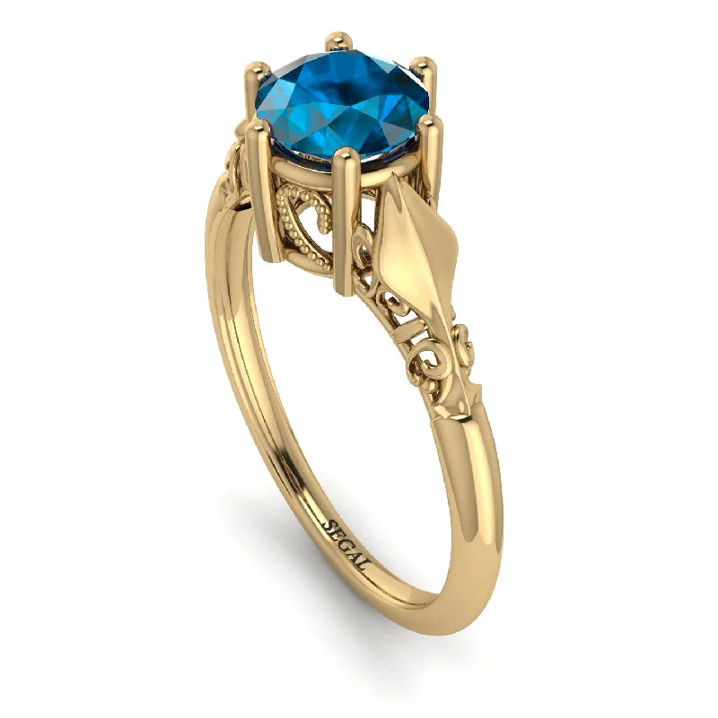 Vintage Art Deco Ring-Art deco Leaves Structure Blue Topaz  Ring- 14K Yellow Gold - Reagan no. 501