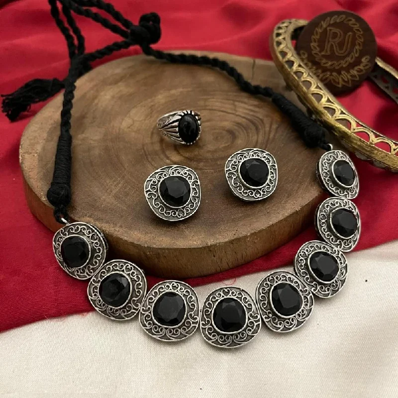 Luxury Diamond Necklace-FS Collection Oxidised Plated Pota Stone Necklace Set