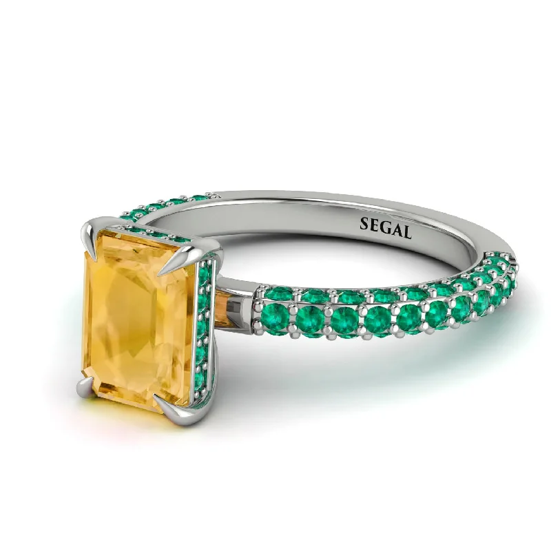 Boho Wedding Ring-Hidden Halo Emerald Cut Citrine Engagement Ring - Ximena No. 606