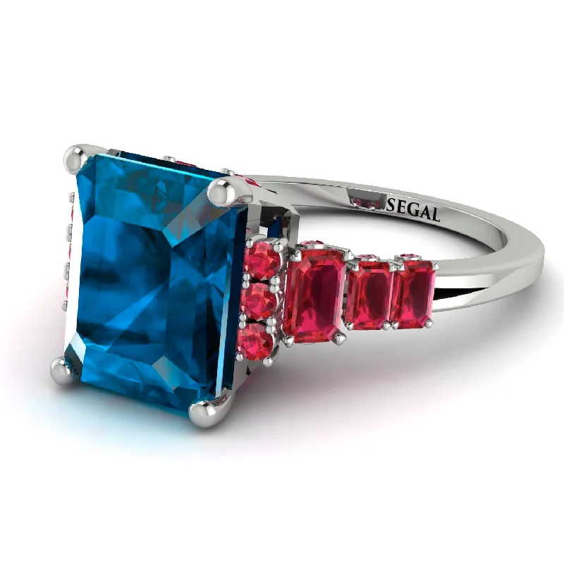 Matching Couple Rings-Emerald Cut Blue Topaz Ring Hidden Round Diamonds - Sawyer No. 512