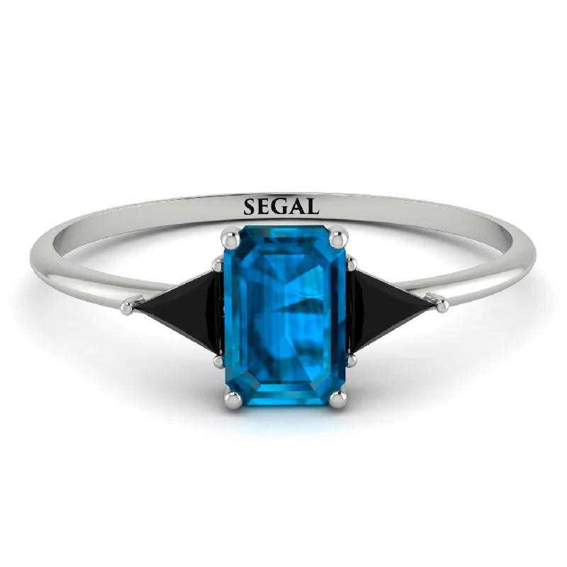 Birthstone Wedding Ring-Emerald Cut Blue Topaz With Triangles Ring - Remi No. 509