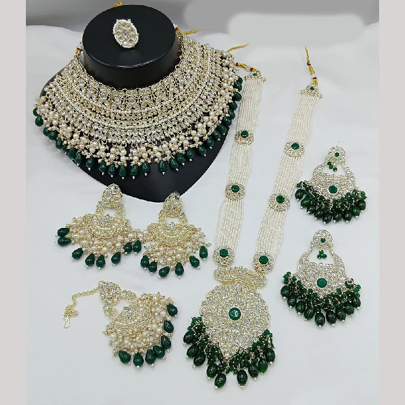 Handcrafted Silver Necklace-Lucentarts Jewellery Gold Plated Kundan Stone And Beads Double Necklace Set