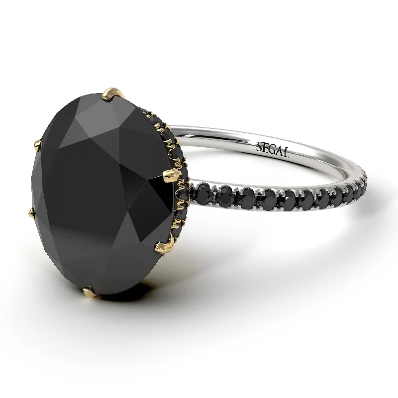 Elegant Pearl Ring-Two Tones Hidden Halo Oval Black Diamond Engagement Ring - Gemma No. 80