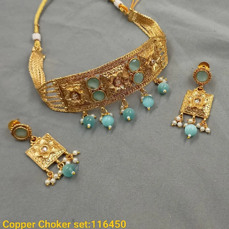 Luxury Diamond Pendant Necklace-Padmawati Bangles Copper Gold Plated Crystal Stone & Beads Choker Necklace Set