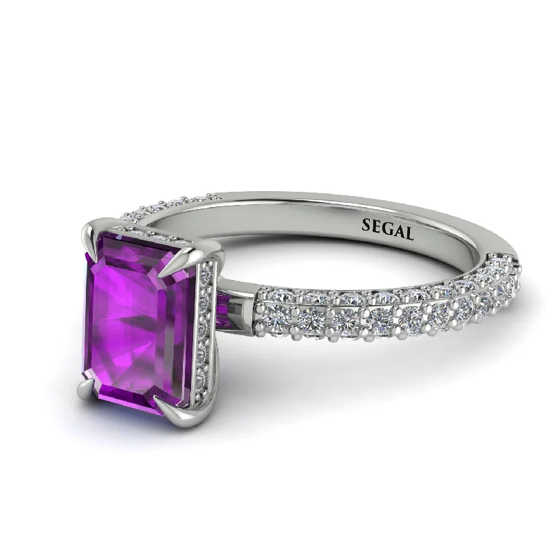 Diamond Ring for Anniversary-Hidden Halo Emerald Cut Amethyst Engagement Ring - Ximena No. 303