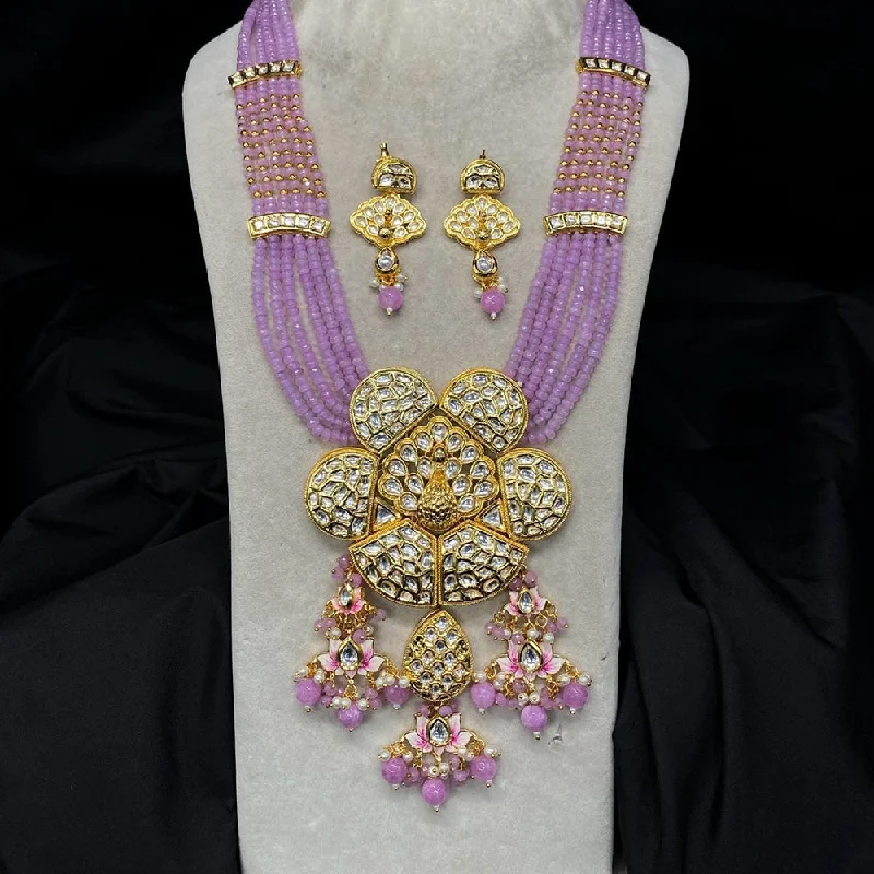 Simple Bar Necklace-Shagna Gold Plated Kundan Stone And Pearls Multi Layer Long Necklace Set