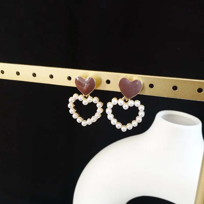 Long Gold Earrings-Heart Pearl Earring