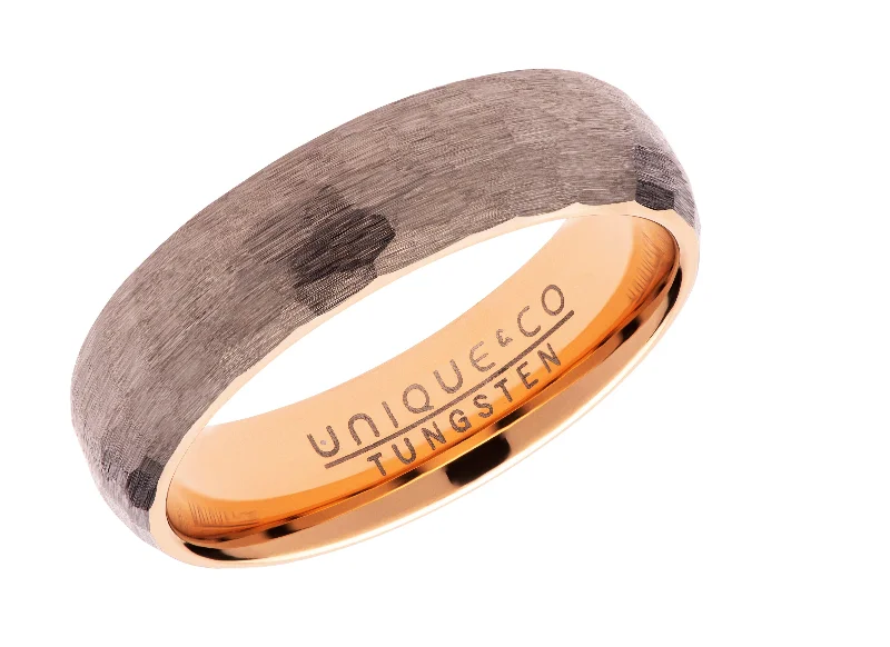 Luxury Gold Engagement Ring-Unique & Co 6mm Hammered Tungsten Carbide Ring with Rose IP Plating