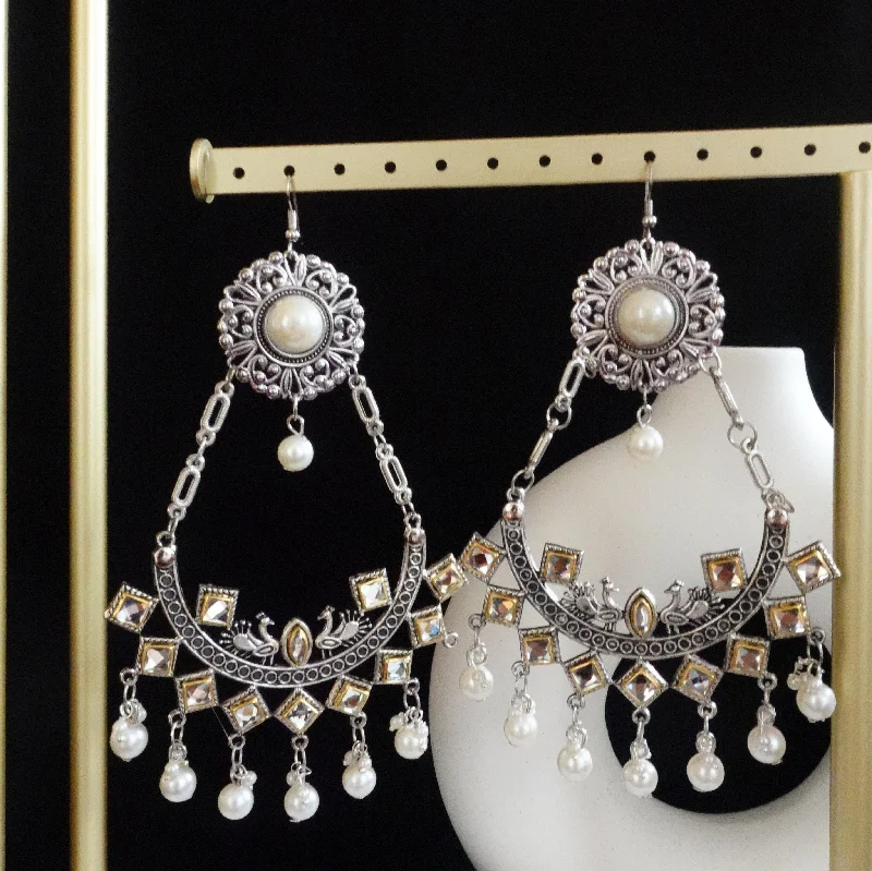 Gold and Silver Earrings-Chain with white pearl jhumka