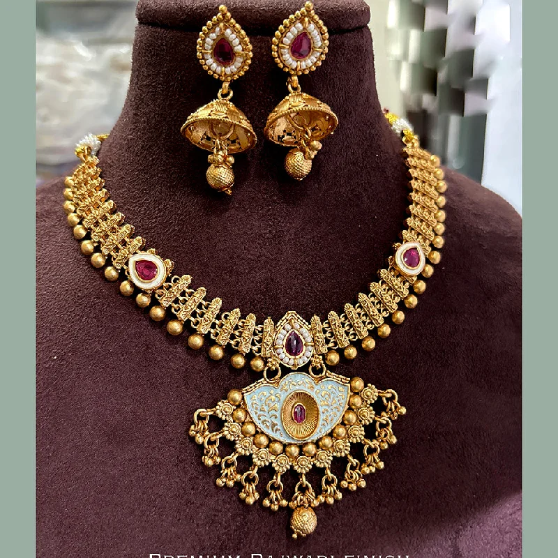 Birthstone Necklace for Mom-Jewel Addiction Copper Gold Pota Stone Meenakari Necklace Set