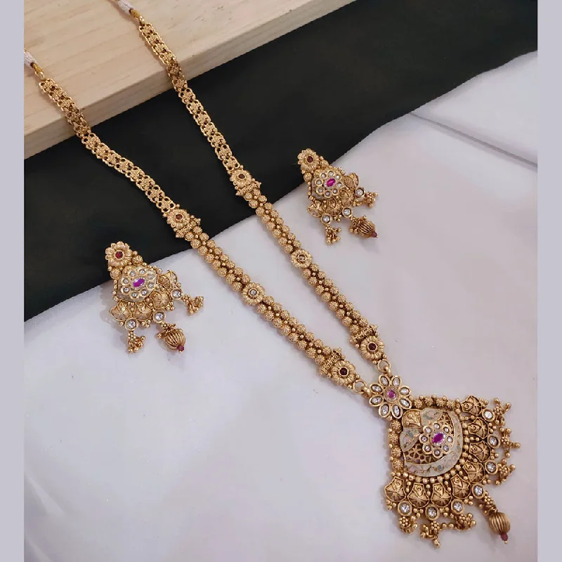 Colorful Glass Necklace-Akruti Collection Gold Plated Kundan Stone And Pearls Meenakari Long Necklace Set