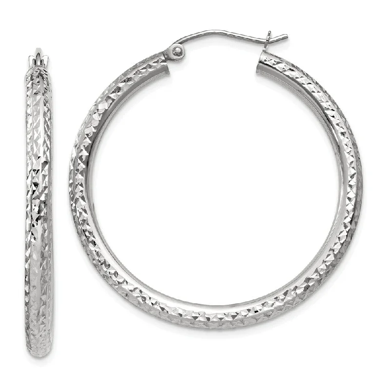 Ethnic Earrings-3mm, 14k White Gold Diamond-cut Hoops, 35mm (1 3/8 Inch)