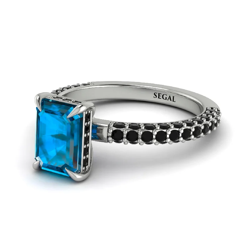 Silver Engagement Ring for Women-Hidden Halo Emerald Cut Blue Topaz Engagement Ring - Ximena No. 509