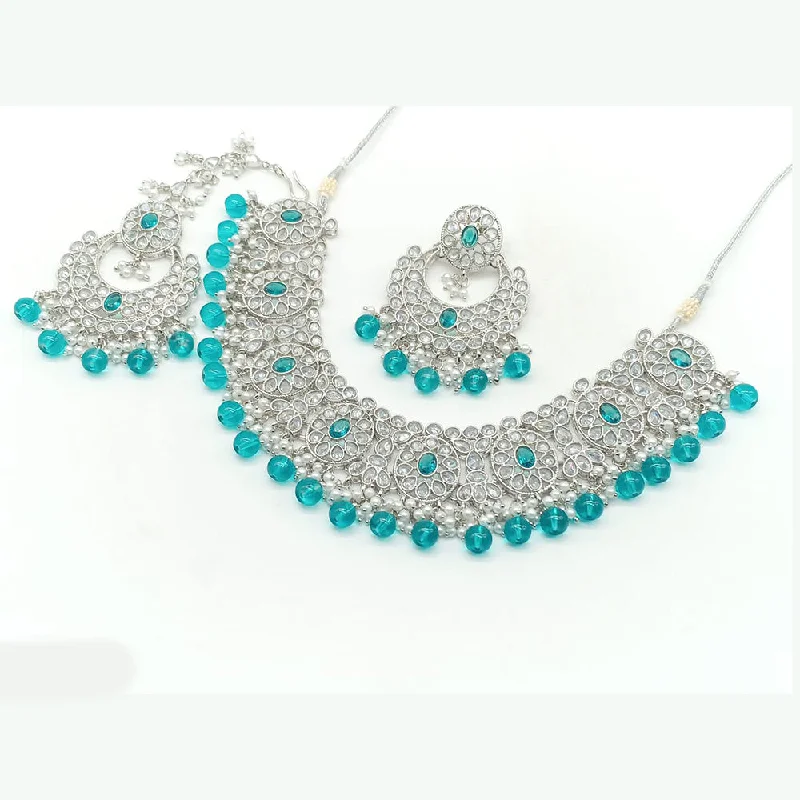 Simple Diamond Pendant Necklace-Rajwadi Collection Silver Plated Crystal Stone And Beads Necklace Set