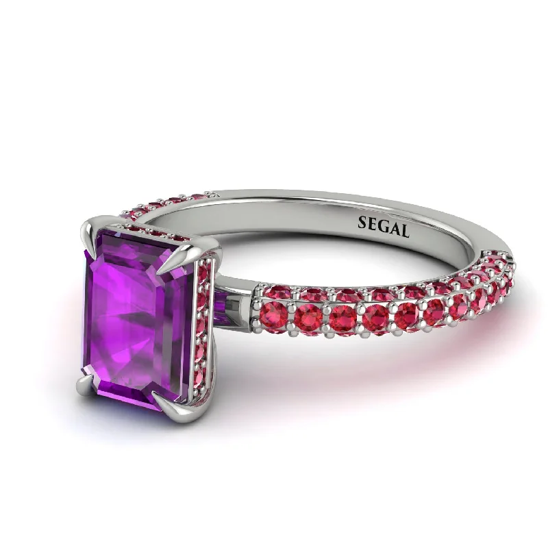 Unique Silver Wedding Ring-Hidden Halo Emerald Cut Amethyst Engagement Ring - Ximena No. 312